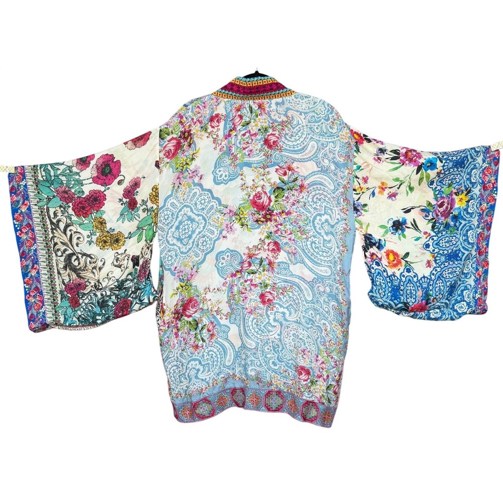 Silk Reversible Kimono Robe OS Multi Floral Paisley Butterfly Boho Festival Wrap - Picture 2 of 16